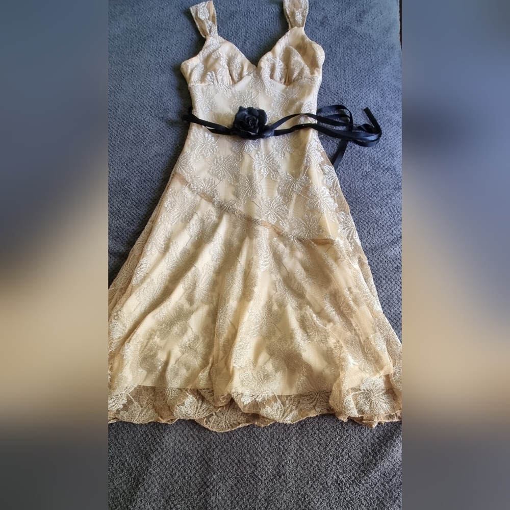 Vintage Cream Lace Dress with Black Satin Sash